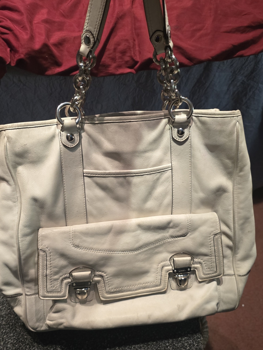 Coach Cream Leather Shoulder Tote with Chain-Link Straps